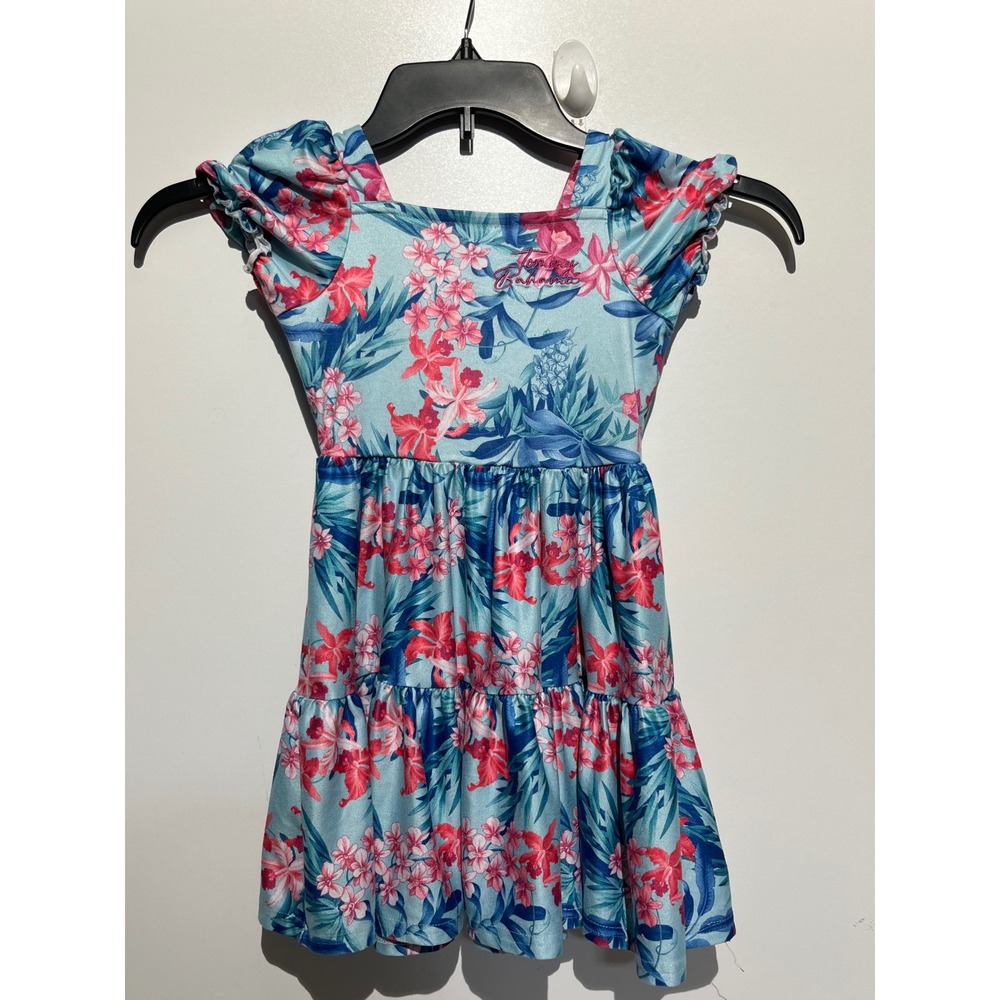 Tommy Bahama Girls 4T Tropical Floral Tiered Dress Blue Pink Ruffle Sleeve